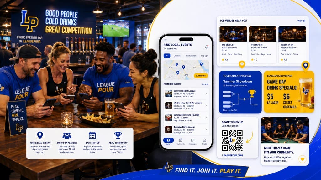 LeaguePour player discovery - find local leagues and tournaments near you with venue listings and scan to sign up