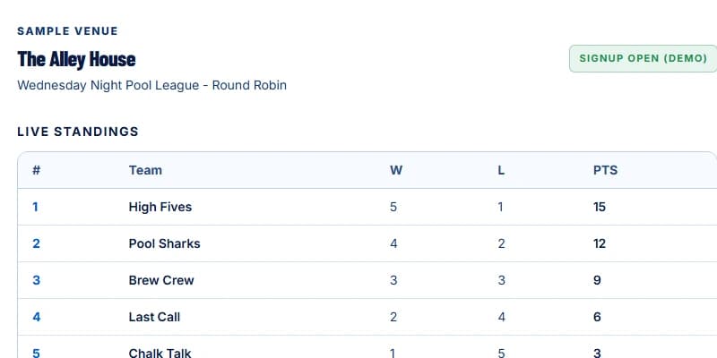 A real LeaguePour public competition page showing live standings (3-1-0 points system) for a sample venue.